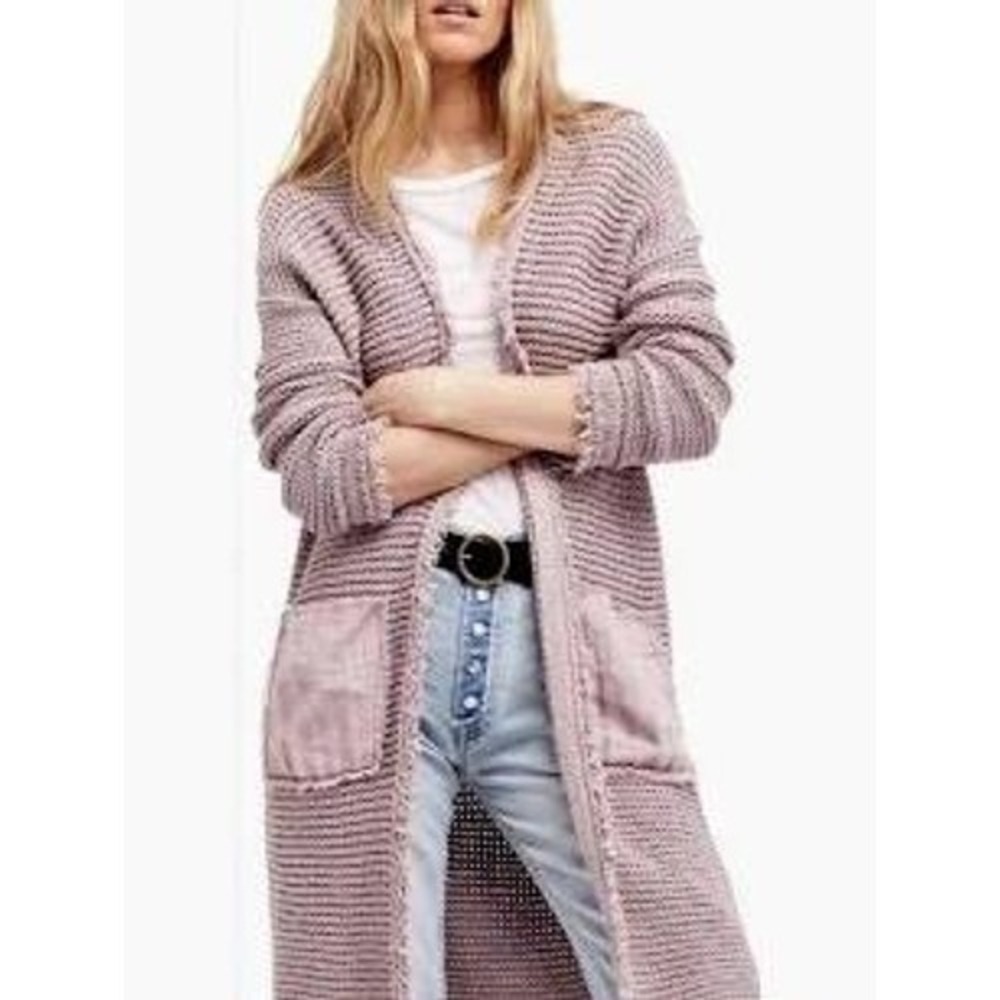 Free People Woodstock Small Duster Cardigan Mauve Fringed Chunky Knit Boho EUC